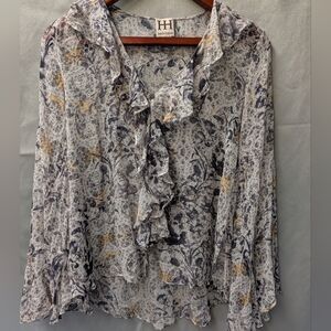 Silk Women's Floral Ruffle Top - Gray and Gold